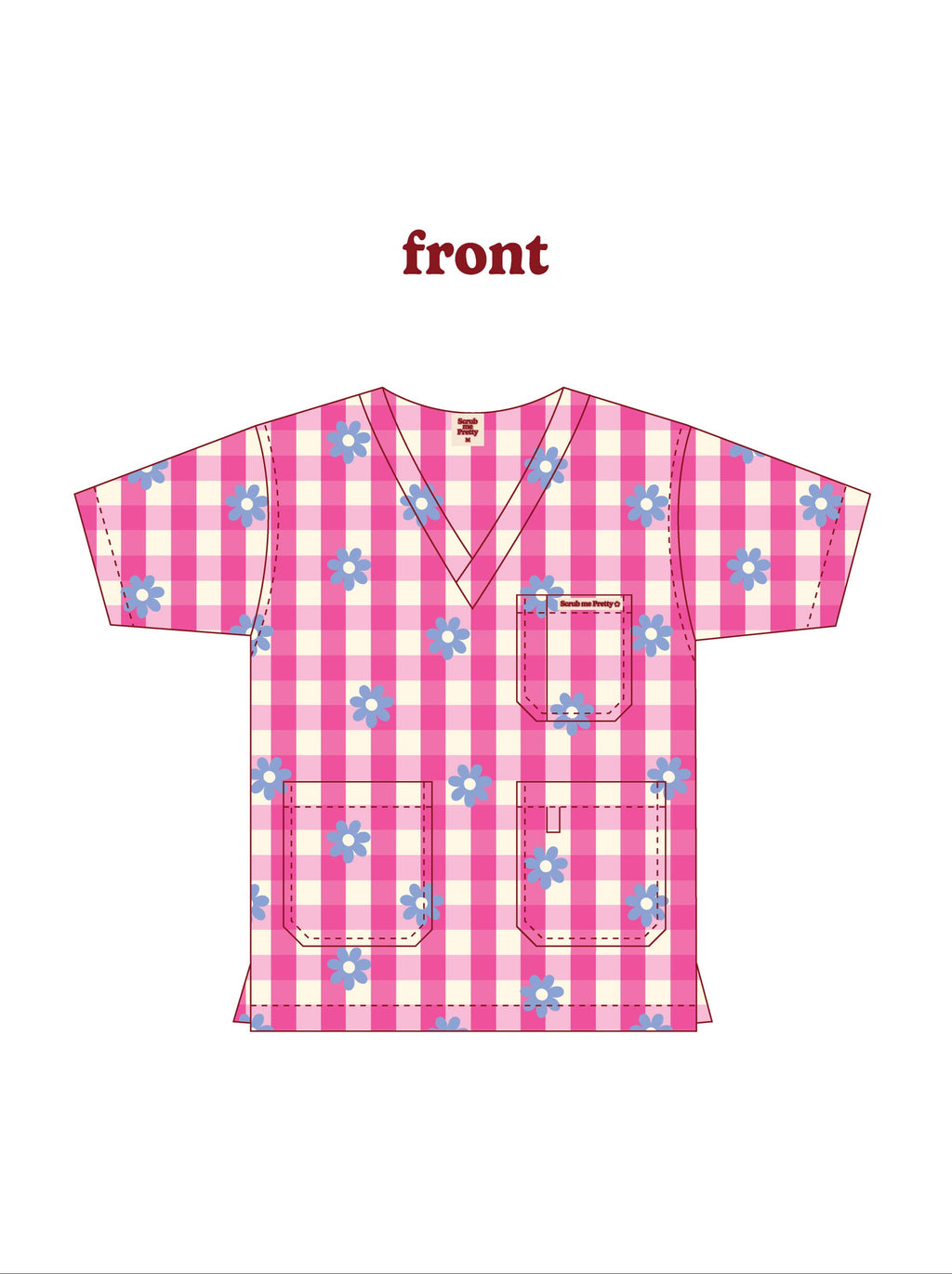 Pink checkered shirt with blue floral patterns on front and back, labeled 'front' and 'back'.