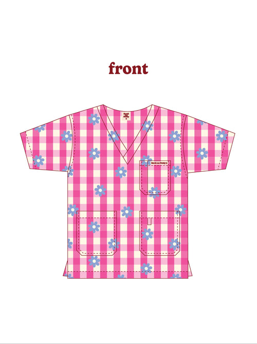 Pink checkered shirt with blue floral patterns on front and back, labeled 'front' and 'back'.